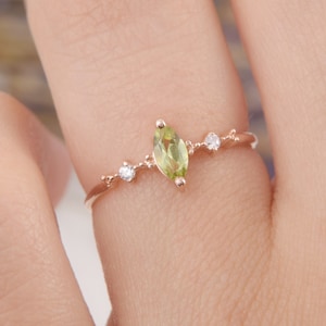 14k rose gold dainty marquise peridot promise ring for her, Delicate art deco peridot engagement ring, Womens green peridot wedding ring