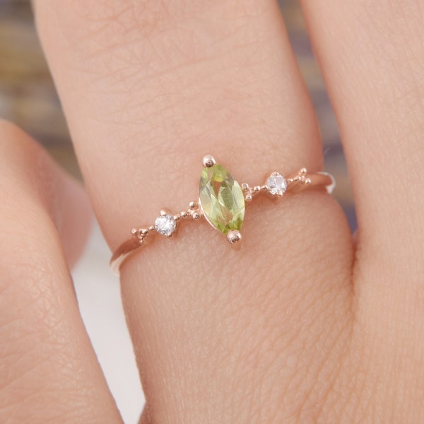 14k rose gold dainty marquise peridot promise ring for her, Delicate art deco peridot engagement ring, Womens green peridot wedding ring