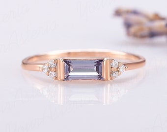 Dainty 14k rose gold unique alexandrite promise ring for her, Women baguette alexandrite engagement ring, Unique gemstone ring gift for her