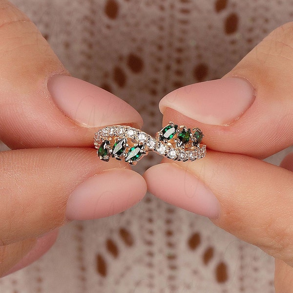 Anillo de bodas de esmeralda único, anillo de oro esmeralda para mujer, anillo de bodas marquesa, anillo de bodas delicado para ella, anillo de piedra verde