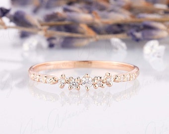 14k rose gold womens simple cluster wedding band, Small minimalist cluster promise ring, Unique cluster wedding band for her, Gift for her