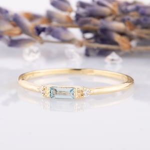 Dainty minimalist 14k gold baguette cut sky topaz promise ring for her, Small & tiny blue topaz engagement bridal ring, December birthstone