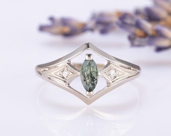 Art deco style marquise cut moss agate engagement ring, Dainty moss agate promise ring for her, Moss agate wedding ring, Anniversary ring