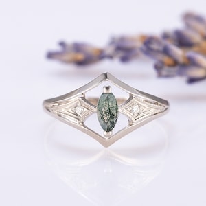 Art deco style marquise cut moss agate engagement ring, Dainty moss agate promise ring for her, Moss agate wedding ring, Anniversary ring