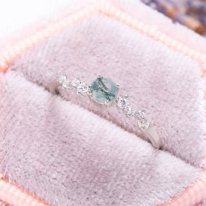 Moss agate ring, Moss agate engagement ring sterling silver, Moss agate promise ring, Round green moss agate ring, Anniversary gift for her image 1