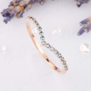Minimalist Rose Gold London Blue Topaz Chevron Wedding Band, Dainty V Shape Stacking Ring, Delicate December Birthstone Band