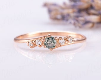 Dainty minimalist 14k rose gold moss agate promise ring for her, Unique genuine moss agate engagement ring, Unique women gemstone ring gift