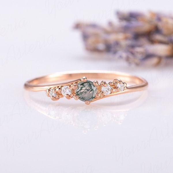 Anel de compromisso delicado e minimalista em ouro rosa 14k com ágata musgosa, anel de noivado único e genuíno com ágata musgosa, presente exclusivo para mulheres com pedra preciosa.