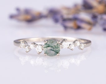 Dainty moss agate promise ring for her, Unique moss agate engagement ring, 925 sterling silver moss agate ring, Anniversary ring gift