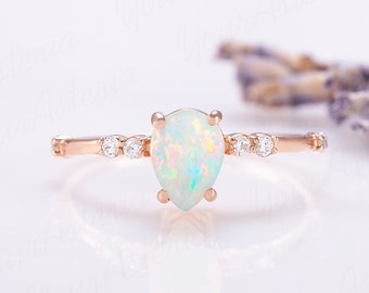 Unieke 14k rose gouden echte peer opaal belofte ring voor haar, sierlijke opaal belofte ring voor haar, vrouwen opaal ring goud, unieke edelsteen ring