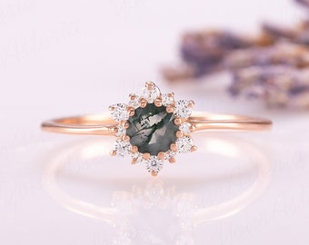 Unique minimalist 14k rose gold moss agate promise ring gift for her Women gift gold moss agate ring Dainty moss agate halo engagement ring