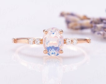 Damen Ovaler Mondstein Verlobungsring Gold, Einzigartiger blauer Mondstein Versprechensring Geschenk für sie, Smth blauer Ring, Mondstein Schmuck, Edelstein Ring