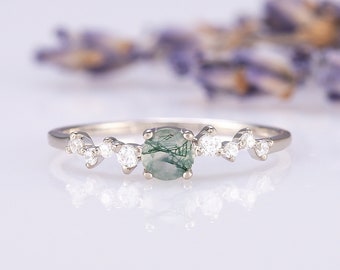 Dainty moss agate promise ring for her, Unique moss agate engagement ring, 925 sterling silver moss agate ring, Anniversary ring gift