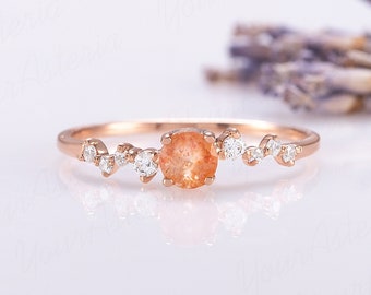 Bague de promesse en pierre de soleil en or rose 14 carats Dainty pour elle Bague de fiançailles en pierre de soleil minimaliste unique pour femme, bague en pierre de soleil en or, cadeau parfait pour elle