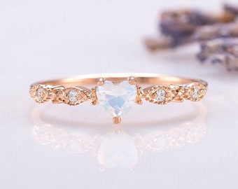 Unieke art deco stijl 14k rose gouden hart maansteen belofte ring voor haar, sierlijke Victoriaanse maansteen verlovingsring, romantische ring voor haar
