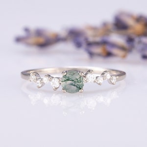 Dainty moss agate promise ring for her, Unique moss agate engagement ring, 925 sterling silver moss agate ring, Anniversary ring gift