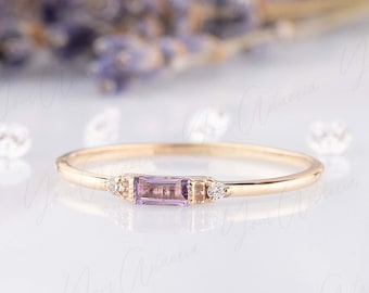 Small & dainty 14k yellow gold baguette cut amethyst promise ring for her, Minimalist tiny amethyst engagement ring, Purple amethyst ring