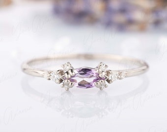 Dainty marquise amethyst sterling silver ring, Amethyst promise ring for her, February birthstone ring, Unique amethyst anniversary ring