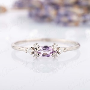 Dainty marquise amethyst sterling silver ring, Amethyst promise ring for her, February birthstone ring, Unique amethyst anniversary ring