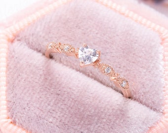 Bague de fiançailles en diamant coeur or rose, bague diamant délicate, bague de promesse diamant coeur, bague diamant coeur femme, cadeau d'anniversaire pour elle