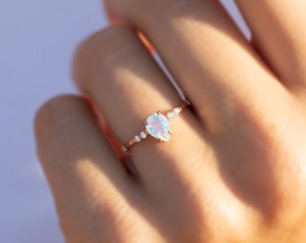 Unieke 14k rose gouden peer maansteen verlovingsring Minimalistische echte blauwe maansteen belofte ring voor haar vrouwen maansteen ring cadeau voor haar