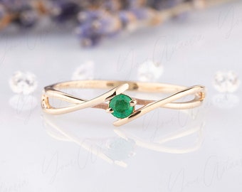 Dainty 14k yellow gold solitaire emerald promise ring for her, Tiny celtic style emerald engagement ring, Womens emerald wedding ring