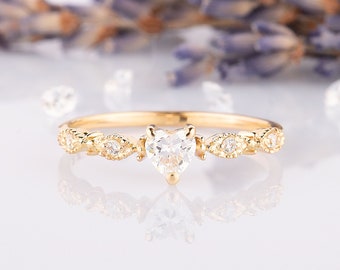 Bague de promesse coeur en or 14 carats délicate pour elle, bague de fiançailles coeur minimaliste de style art déco, bague de mariée unique, bague cadeau pour la Saint-Valentin