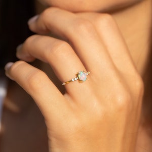 Women 14k gold natural oval opal engagement ring, Unique dainty genuine opal promise ring for her, Opal jewelry, Gemstone ring gift for her