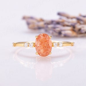 Unique women natural oval sunstone gold ring, Dainty 14k gold genuine sunstone promise ring for her, Sunstone engagement ring, Gemstone ring