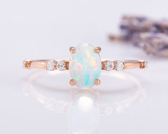 Bague de fiançailles en opale véritable ovale Dainty, bague de promesse en or opale ovale pour elle, cadeau bague opale pour femme pour elle, bague avec pierres précieuses uniques, bijoux en or opale