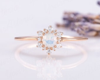 Dainty & tiny 14k rose gold moonstone halo engagement ring Unique blue moonstone promise ring gift for her Perfect women gift moonstone ring