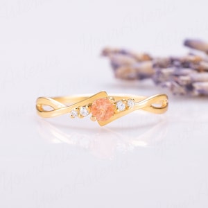 Women sunstone ring, Dainty minimalist 14k gold suntone promise ring for her Unique celtic style sunstone tiny engagement ring Gemstone ring