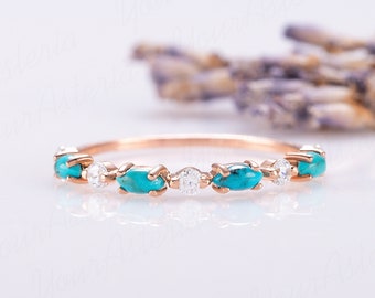 Unieke 14k roségouden turquoise trouwring, sierlijke minimalistische turquoise edelsteen belofte ring voor haar, vrouwen turquoise ring cadeau voor haar