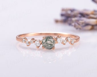Anel de compromisso único e delicado em ouro rosa 14k com ágata musgosa para ela, anel de noivado minimalista e pequeno com ágata musgosa genuína, anel feminino de ágata musgosa em ouro