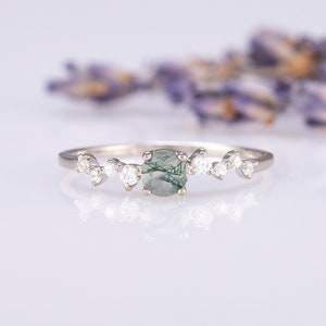 Dainty 925 Sterling Silver Moss Agate Cluster Promise Ring for Her, Minimalist Moss Agate Engagement Ring, Delicate May Birthstone Ring