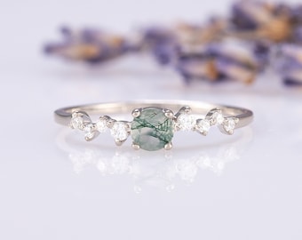 Delicato anello di fidanzamento con grappolo di agata muschiata in argento sterling 925 per lei, anello minimalista con agata muschiata, delicato anello con pietra portafortuna di maggio