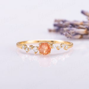 Women natural sunstone ring gold, Dainty minimalist 14k gold sunstone promise ring for her, Tiny & elegant orange sunstone engagment ring