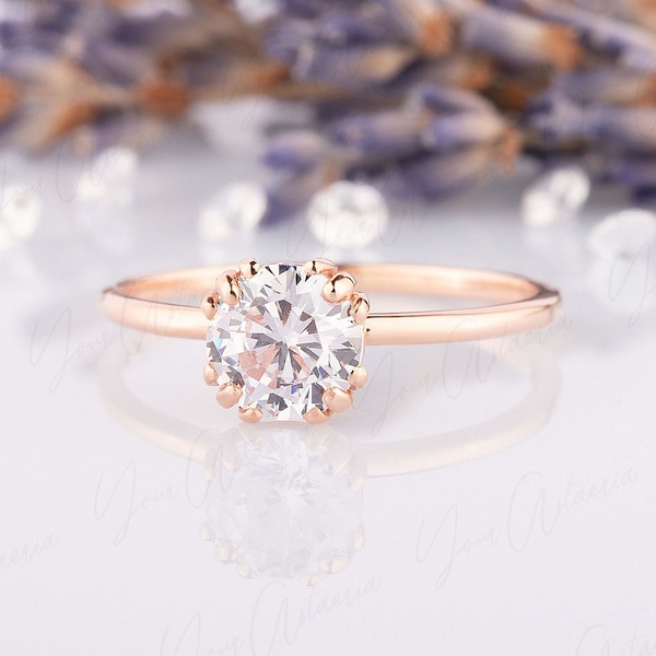 Classic solitaire engagement ring, Art deco dainty 1ct engagement ring rose gold, Women anniversary promise ring, Cz solitaire bridal ring