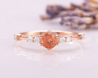 Dainty minimalist sunstone promise ring for her Unique 14k rose gold sunstone engagement ring Unique gemstone ring Women sunstone ring gold