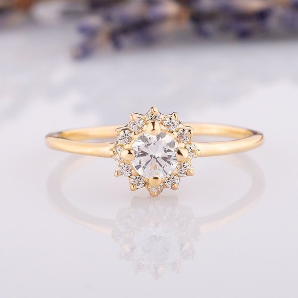 Vrouwen 14k gouden halo verlovingsring, Sierlijke minimalistische belofte ring voor haar, Halo statement ring voor haar, Art deco jubileum bruidsring