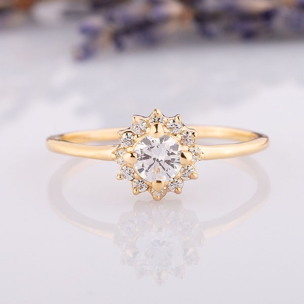 Bague de fiançailles halo en or 14 carats pour femmes, bague de promesse minimaliste Dainty pour elle, bague de déclaration Halo pour elle, bague de mariée anniversaire Art déco