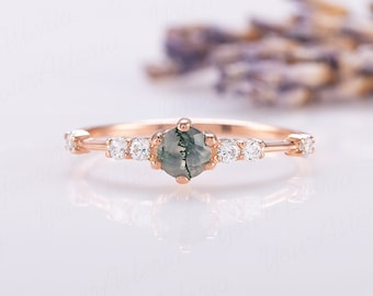 Unique 14k rose gold genuine moss agate promise ring for her Dainty minimalist moss agate engagement ring Women moss agate ring gift for her