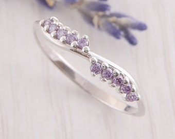 Dainty 925 Sterling Silver Amethyst Stacking Ring, Minimalist February Birthstone Wedding Band, Delicate Purple Stone Ring