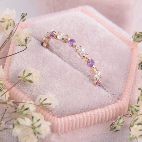 Small & dainty 14k rose gold marquise cut purple amethyst womens wedding band, Tiny delicate vintage art deco amethyst wedding ring