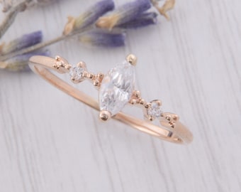 Unique 14k rose gold marquise womens promise ring, Dainty minimalist white topaz promise ring for her, Small minimalist engagement ring gold