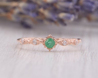 Small Minimalist Emerald Engagement Ring, Antique Dainty 14k Solid