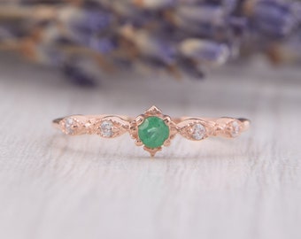 Small minimalist emerald engagement ring, Antique dainty 14k solid yellow gold art deco emerald promise ring for her, Anniversary gift ring