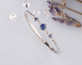 Dainty minimalist 3 stone blue sapphire engagement ring, Thin & tiny silver sapphire promise ring for her, Petite sapphire wedding ring