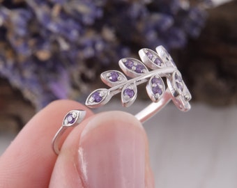 Unique Silver Branch with Leaves Ring, Womens Amethyst Ring, Silver Amethyst Ring, Purple Stone Ring, Unique Amethyst Ring, Amethyst Jewelry