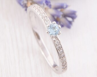 Womens Silver Aquamarine Promise Ring, Dainty Promise Ring for Her, Aquamarine Jewelry, Minimalist Engagement Ring, Dainty Engagement Ring